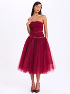 Mabel Burgundy Drop Waist Layered Mesh Midi Puffy Dress with Bow