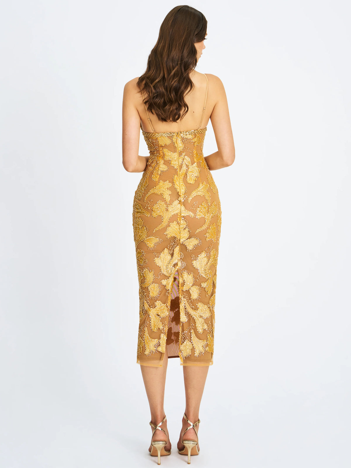 Edie Gold Beaded Sequin Midi Pencil Dress