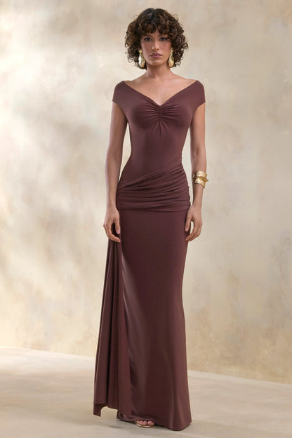 Petronia Brown V Neck Maxi Dress With Wrap Detail