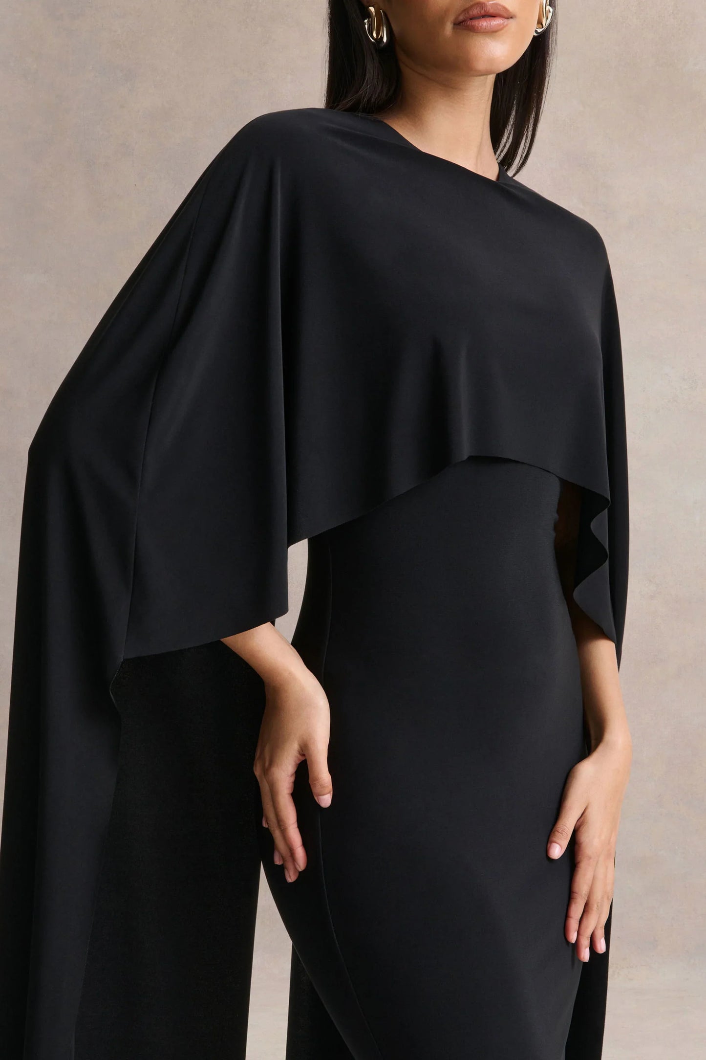 Kalani Black Crew Neck Midi Dress With Cape Sleeves