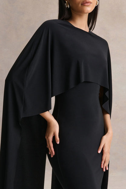 Kalani Black Crew Neck Midi Dress With Cape Sleeves