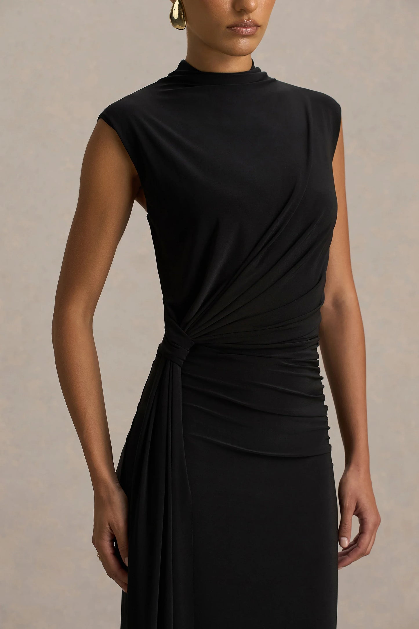 Solene Black High Neck Maxi Dress With Wrap And Drape Detail