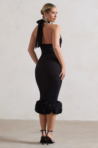 Ashton Black High Neck Midi Dress With Ruffle Hem