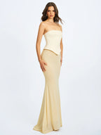 Adelina Butter Yellow Peplum Mermaid Gown with Lace up Back
