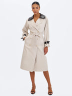 Umber Oyster Double Breasted Faux Leather Lapel Trench Coat