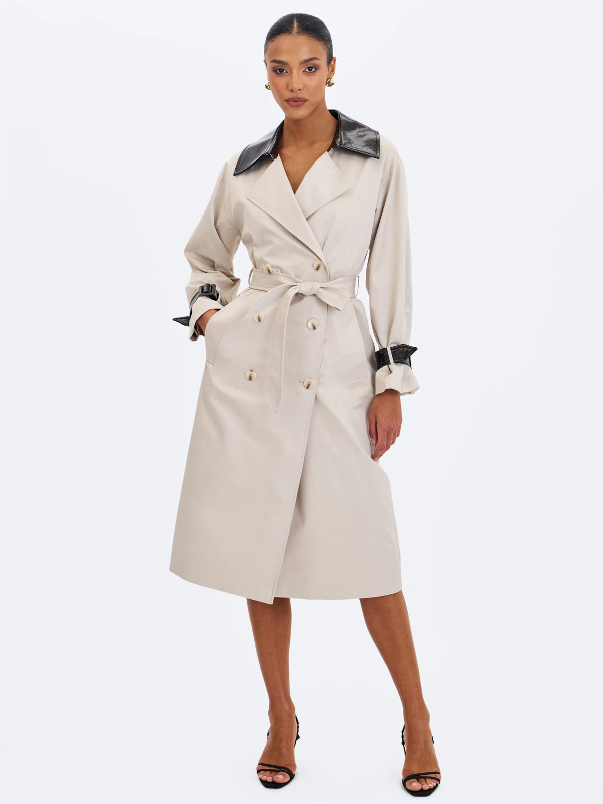 Umber Oyster Double Breasted Faux Leather Lapel Trench Coat