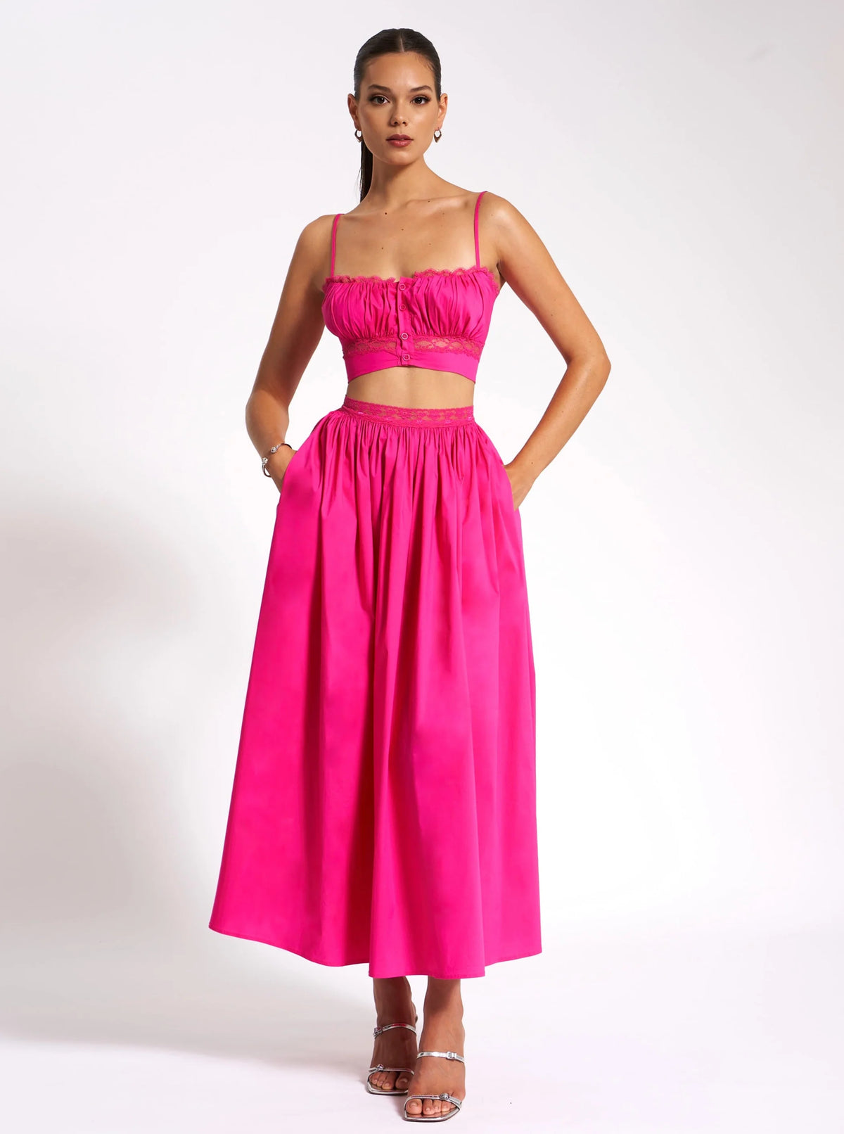 Maya Fuchsia Cotton Poplin Top With Lace Trim