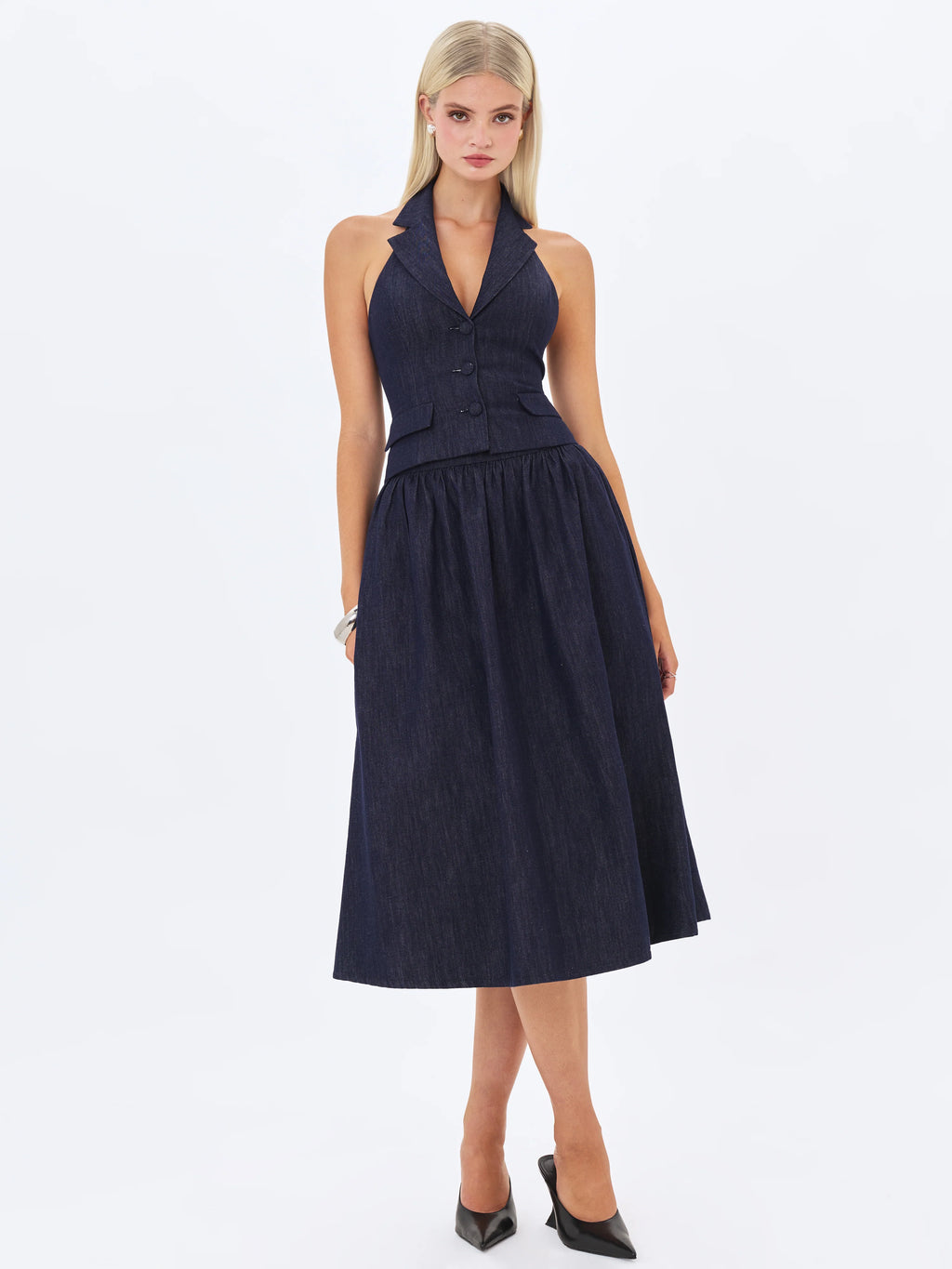 Maevie Indigo Denim Gathered A Line Midi Skirt