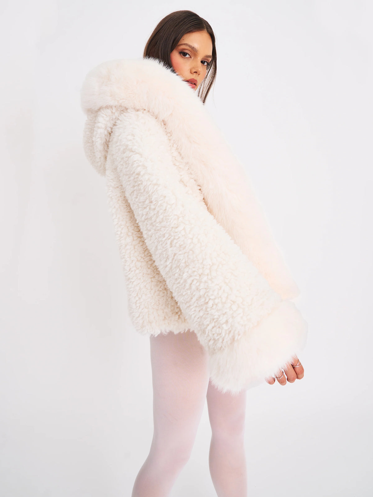 Jumbo Kali White Vegan Shearling Fur Trimmed Coat