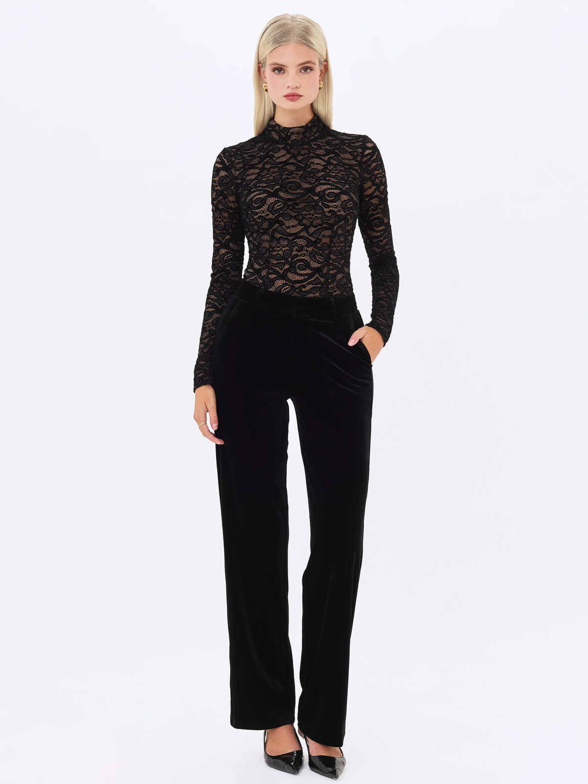 Quenisa Black Chenille Lace Long Sleeve Bodysuit