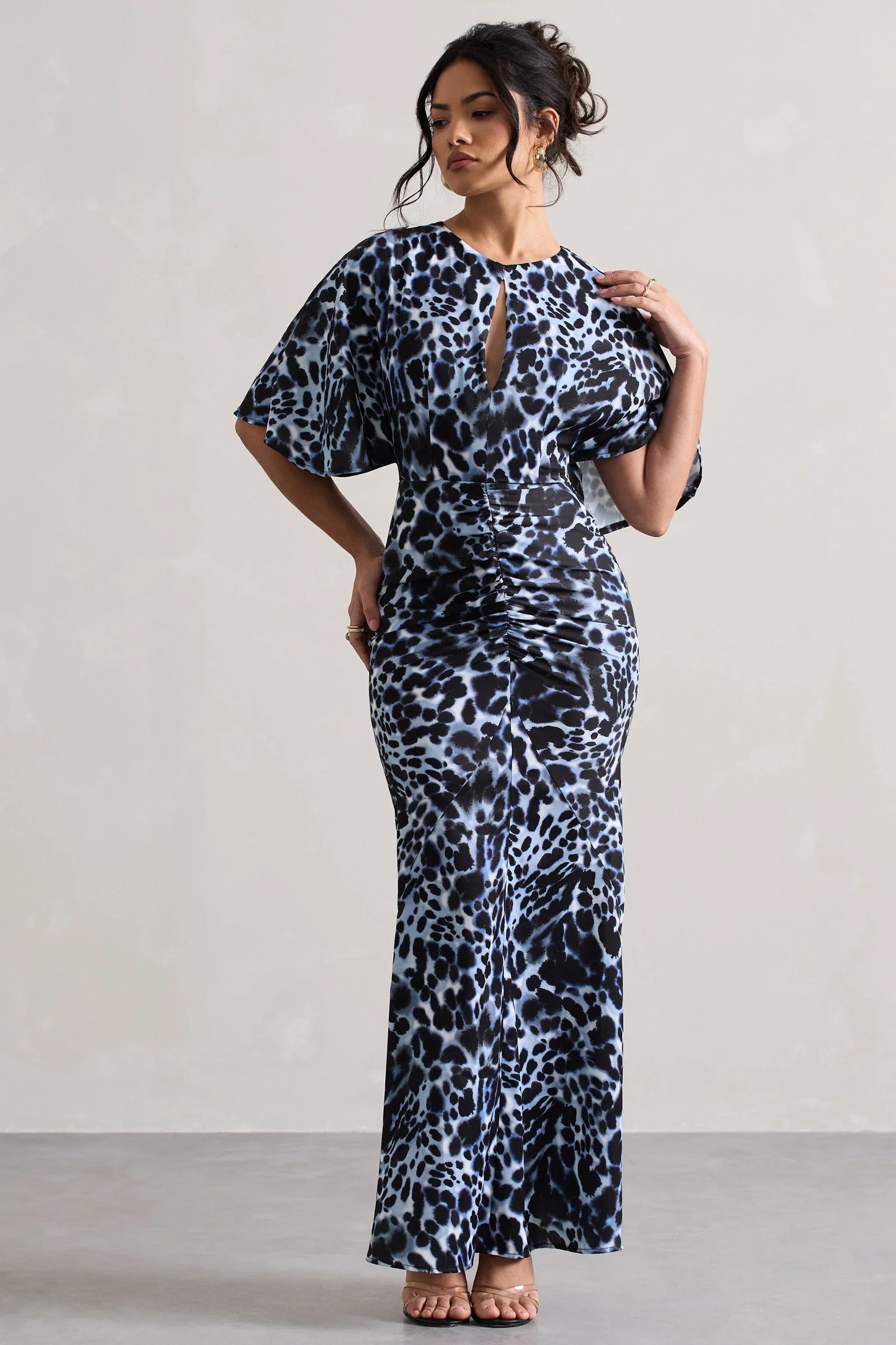 Elidy Animal Print Ruched Flutter Sleeve Cut Out Maxi Dress