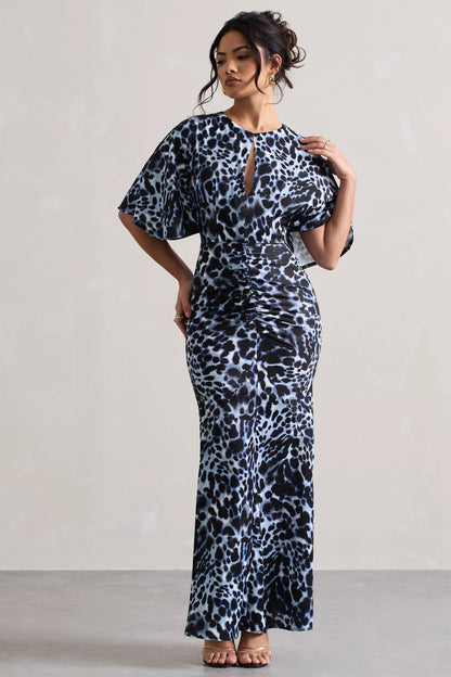 Elidy Animal Print Ruched Flutter Sleeve Cut Out Maxi Dress