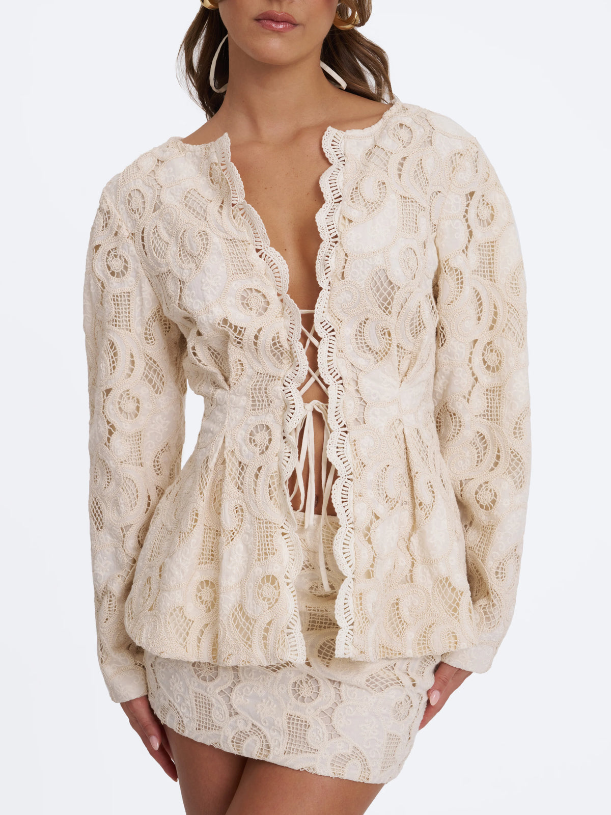 Wenley Beige Cotton Lace Puff Sleeve Cinched Top