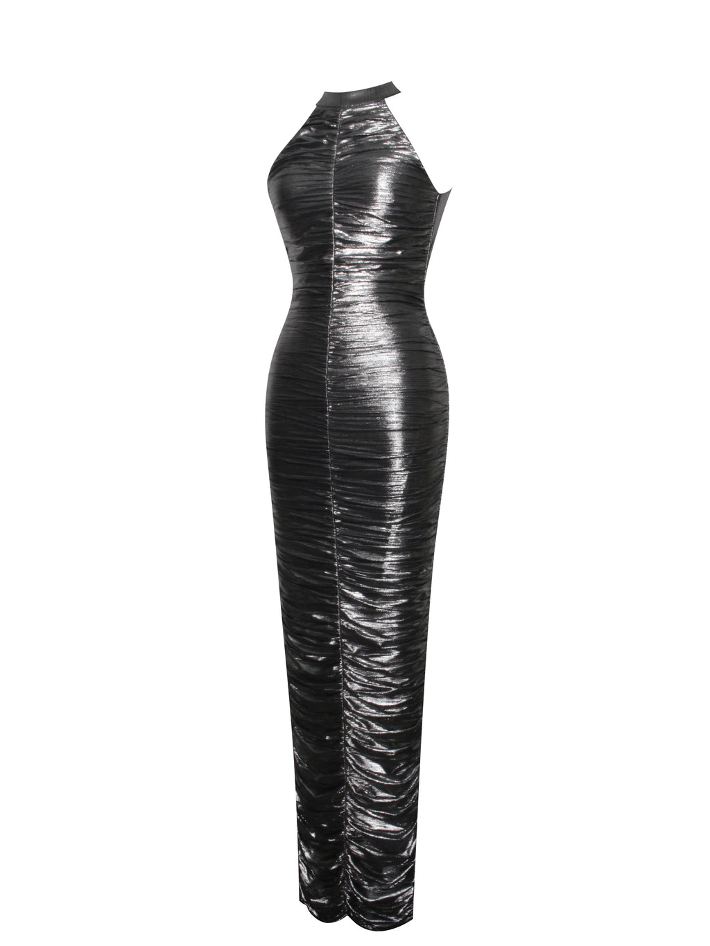 Abril Ruched Silver Glitter Backless Gown
