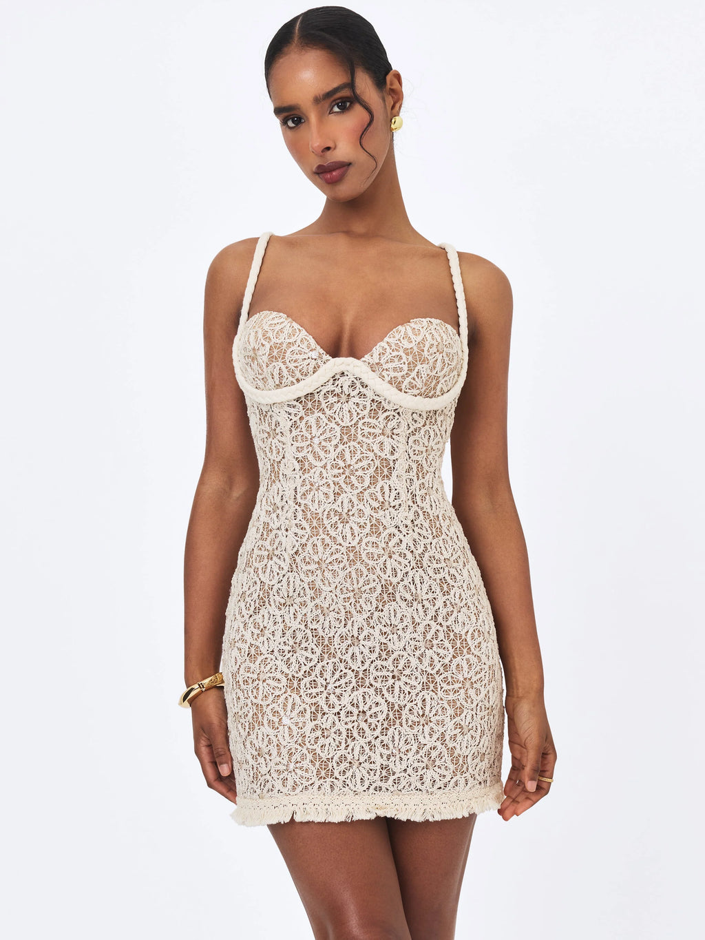 Taliyah Cream Braided Strap Chunky Lace Mini Dress