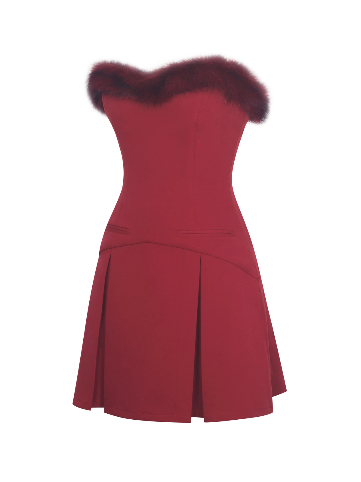 Nalia Crimson Fur Trimmed Sweetheart Mini Dress