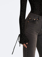 Ibera Black Animal Print Burnout Velvet Long Sleeve Bodysuit