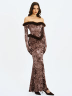 Tessa Coffee Sweetheart Bardot Faux Fur Velvet Mermaid Maxi Dress