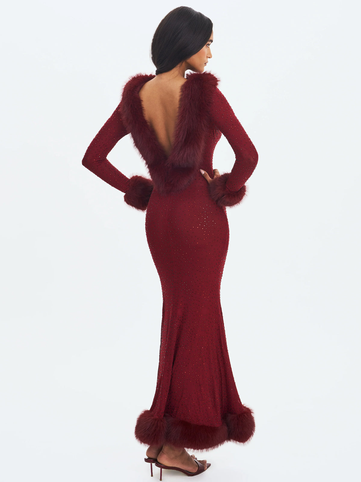 Melrose Burgundy Petite Length Rhinestone Mesh Low Back Mermaid Gown