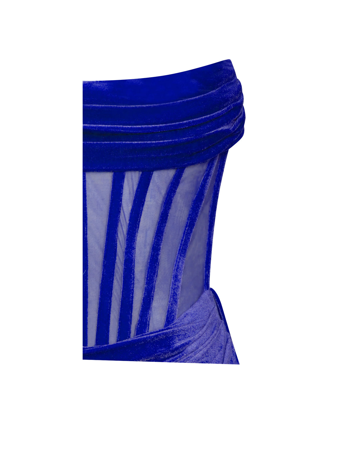 Priya Royal Blue Draping Corset High Slit Velvet Gown Archive Sale
