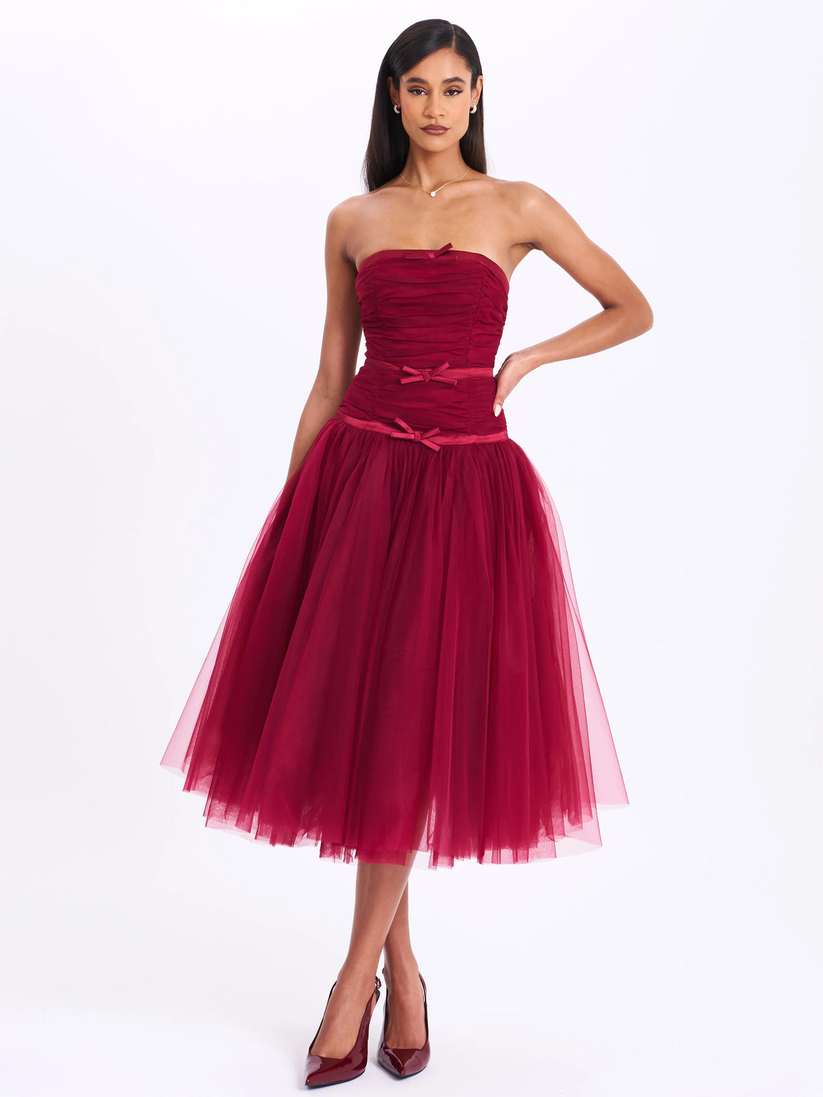 Mabel Burgundy Drop Waist Layered Mesh Midi Puffy Dress with Bow