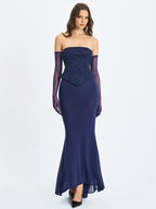 Orabelle Navy Beaded Peplum Mermaid Maxi Gown with Lace up Back