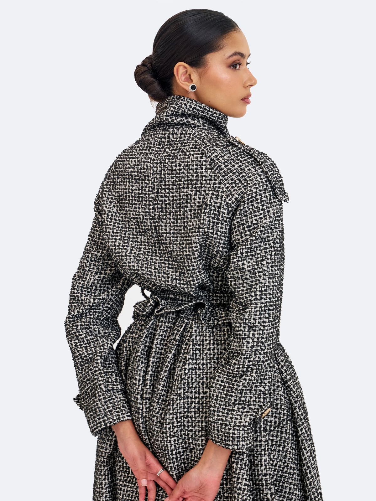 Sadie Black White Tweed High Collar Belted Mini Jacket