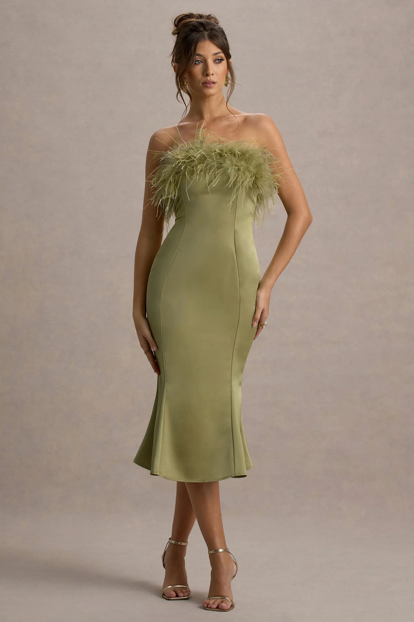 One And Only Light Green Satin Feather Trim Bandeau Midi Dress