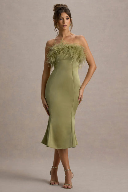 One And Only Light Green Satin Feather Trim Bandeau Midi Dress
