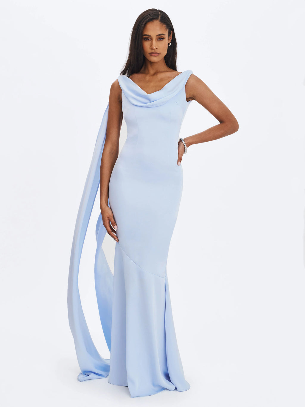 Eira Mist Blue Cowl Scarf Detail Mermaid Maxi Dress