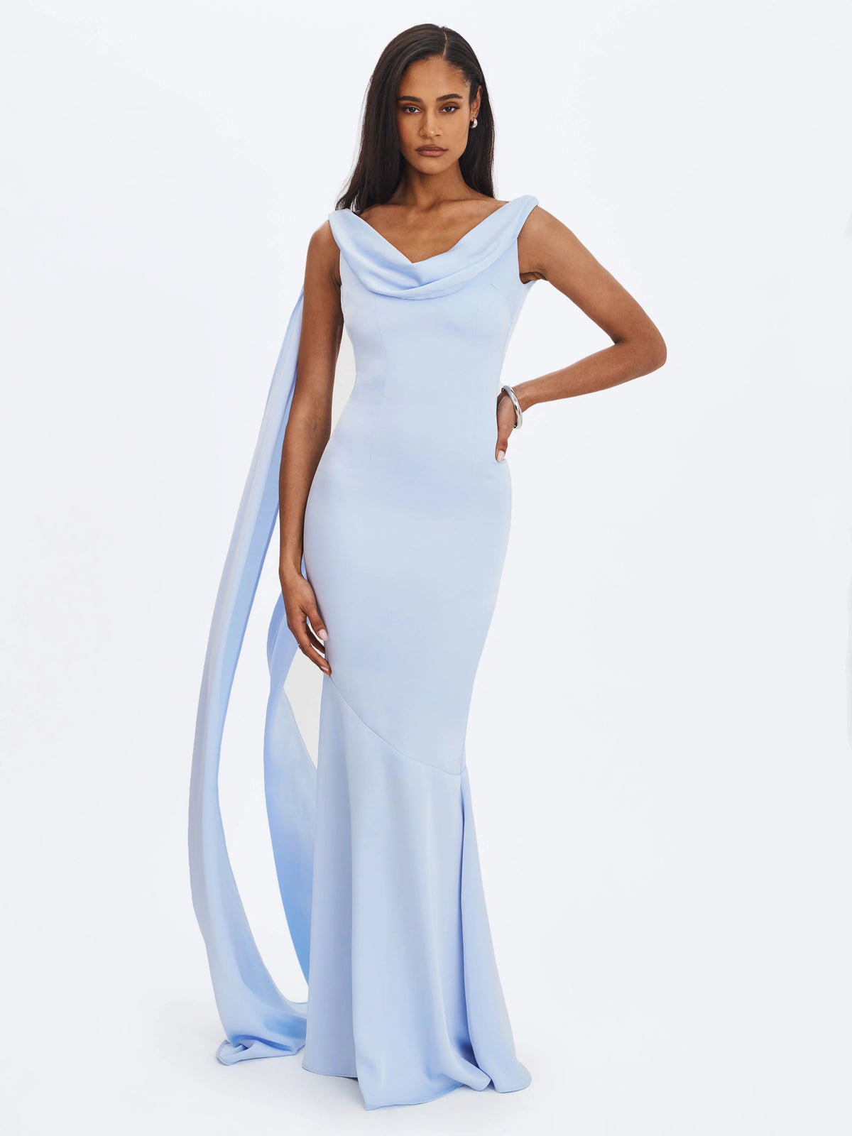 Eira Mist Blue Cowl Scarf Detail Mermaid Maxi Dress