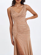 Viveca Apricot Crystal Embellished Asymmetrical Ruched Maxi Dress