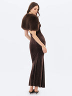 Veronique Brown Croc Embossed Velvet Cowl Neck Mermaid Maxi Dress