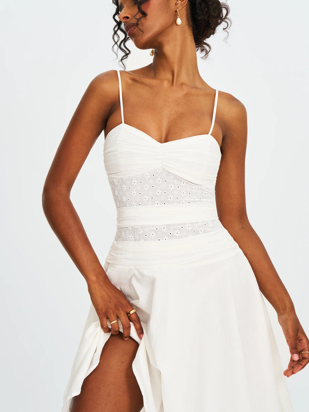 Maelis White Cotton Eyelet Drop Waist Midi Dress