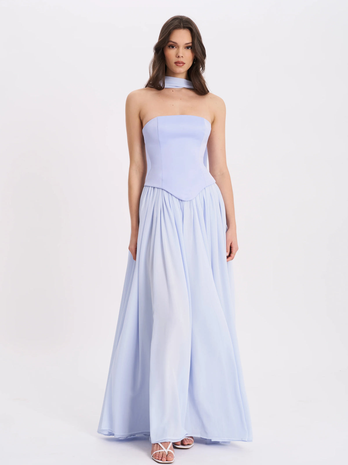 Qianna Baby Blue Peplum Drop Waist Chiffon Gown