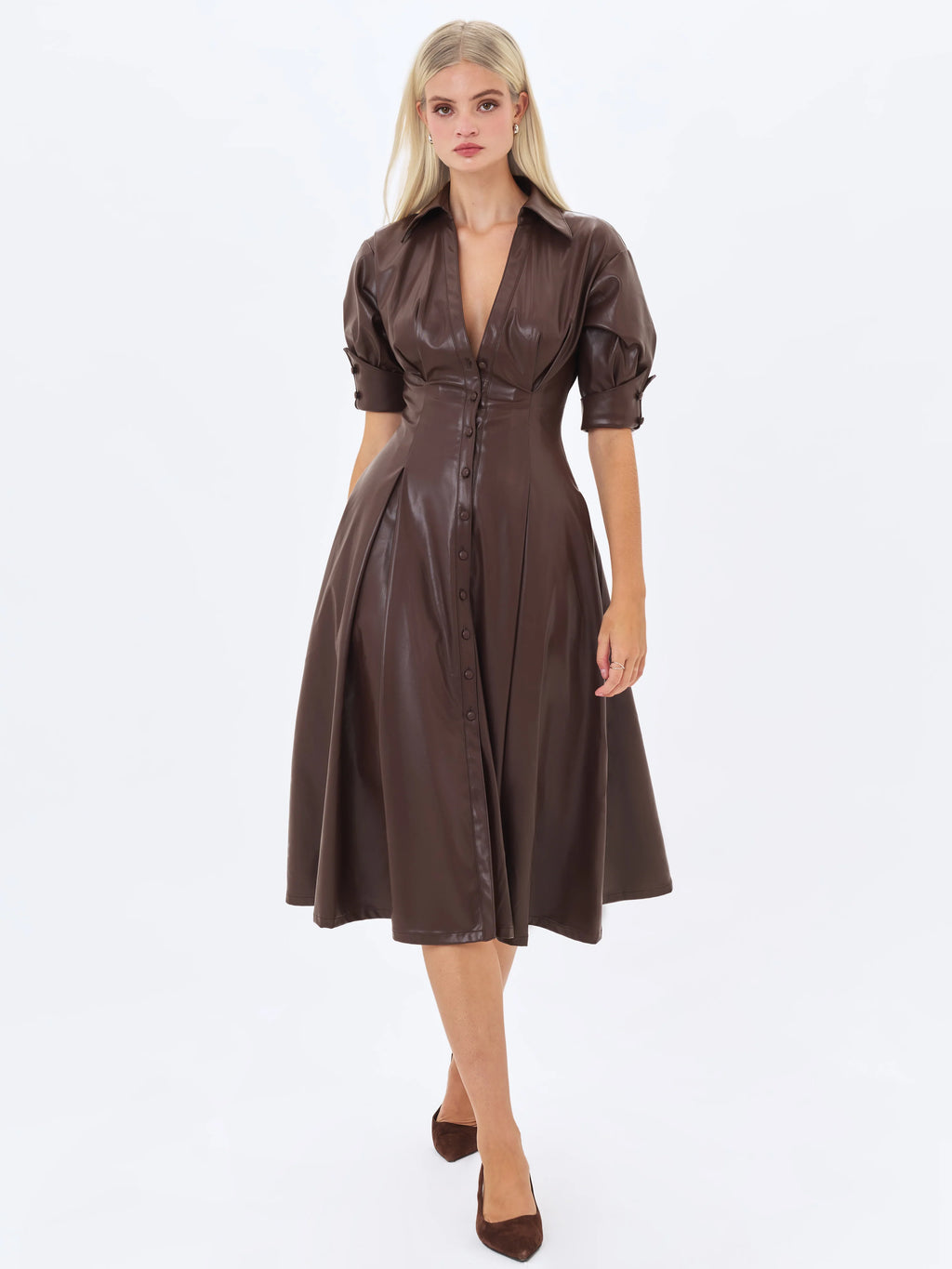 Vilda Espresso Brown Faux Leather Pleated Midi Dress