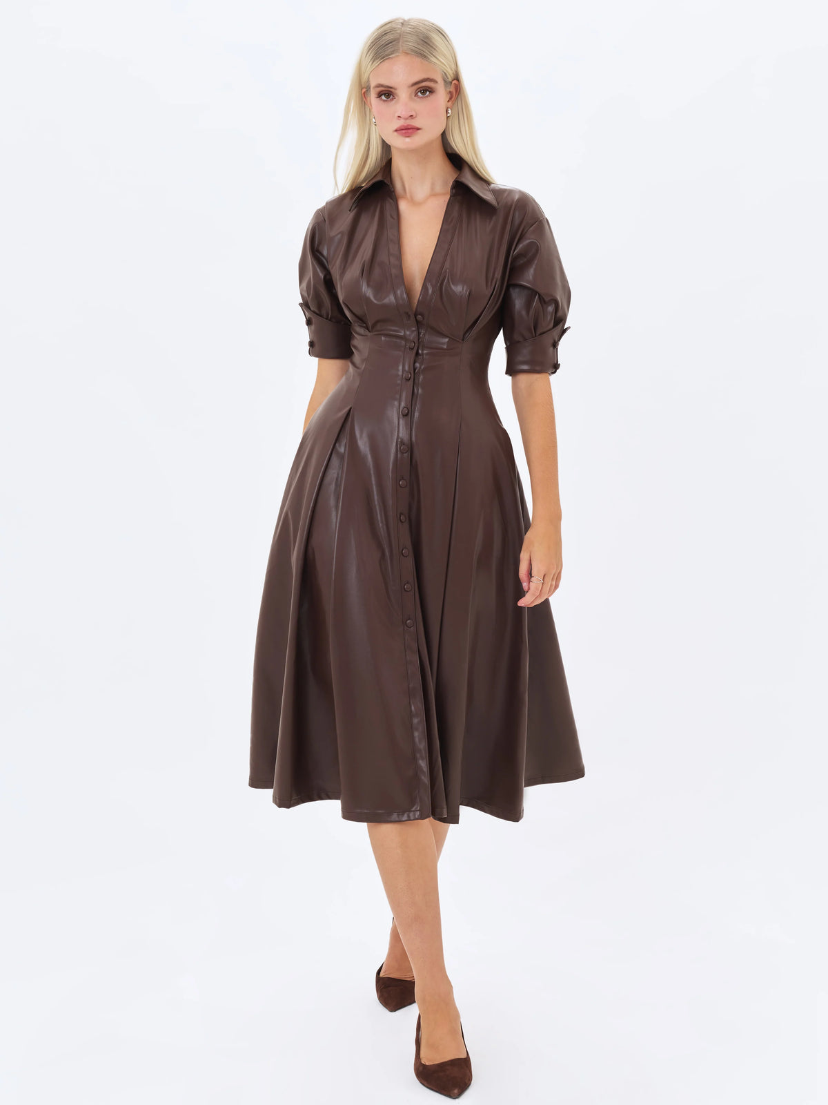 Vilda Espresso Brown Faux Leather Pleated Midi Dress