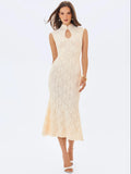 Garcelle Cream Brushed Lace Keyhole Mermaid Midi Dress