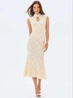 Garcelle Cream Brushed Lace Keyhole Mermaid Midi Dress