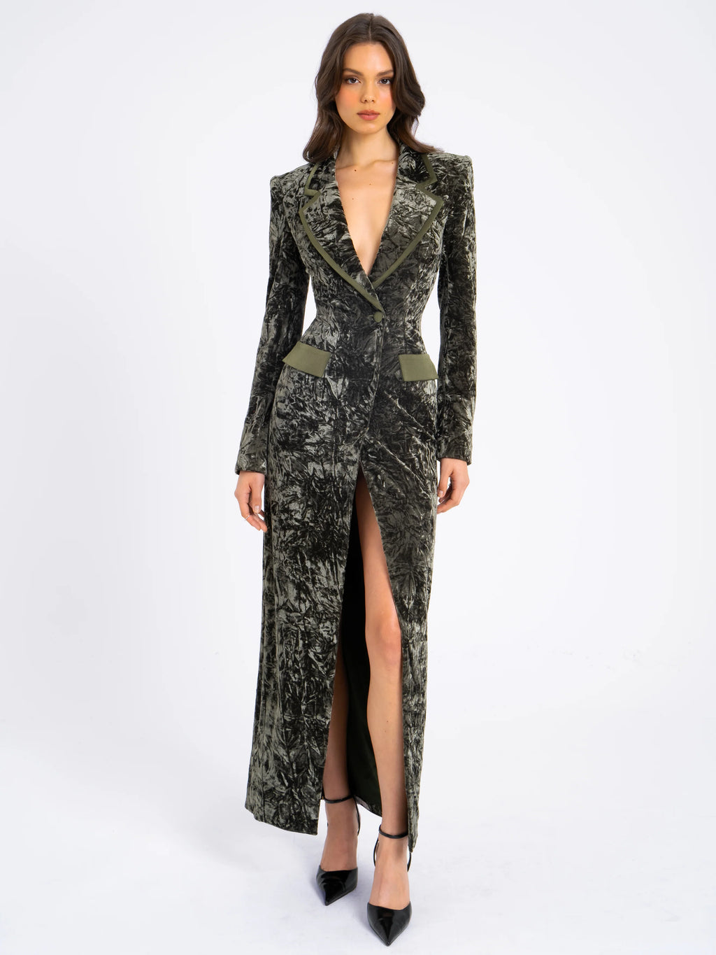 Willow Green Glossy Velvet High Slit Blazer Gown Archive Sale