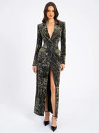 Willow Green Glossy Velvet High Slit Blazer Gown Archive Sale