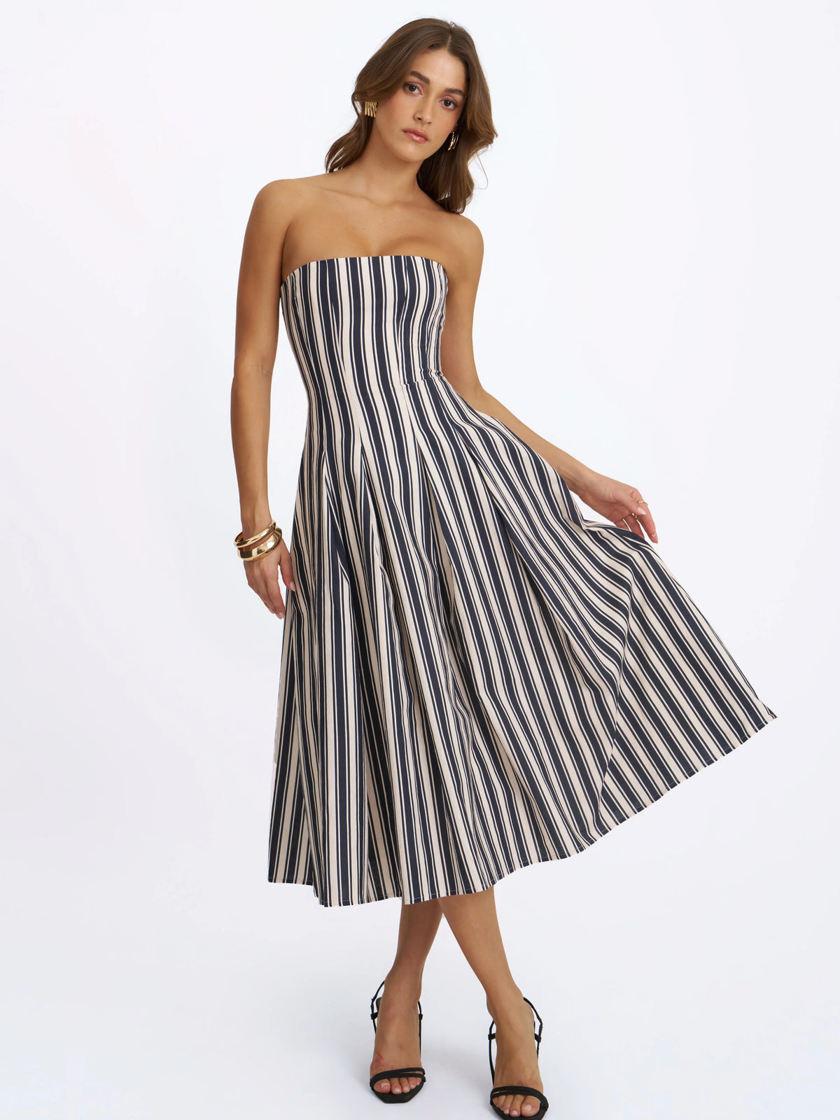Wyanne Black White Linen Striped Strapless Midi Dress