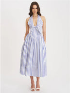 Mackenna Navy Cotton Stripe Halter Smock Back Maxi Dress