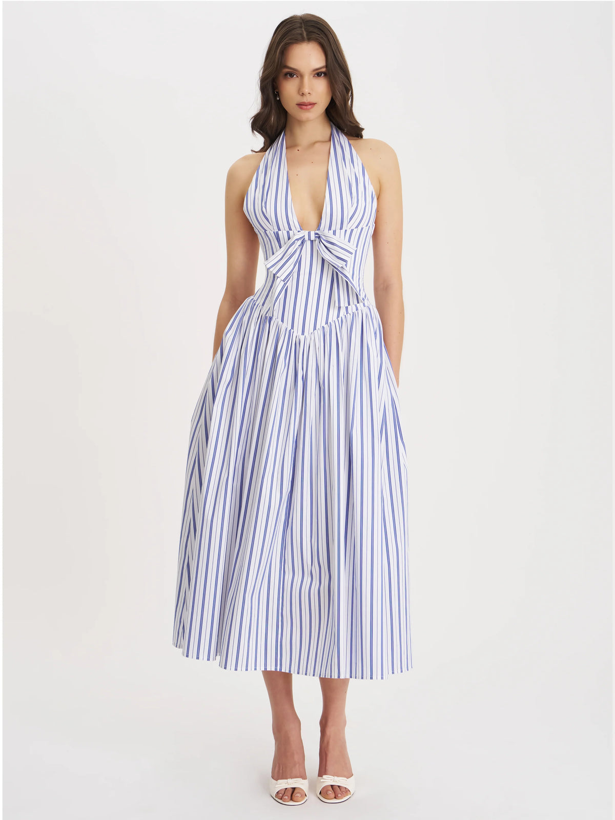 Mackenna Navy Cotton Stripe Halter Smock Back Maxi Dress