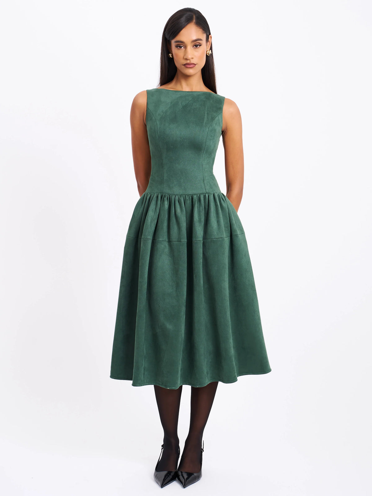 Laila Green Suede Boat Neck Backless Midi Dress