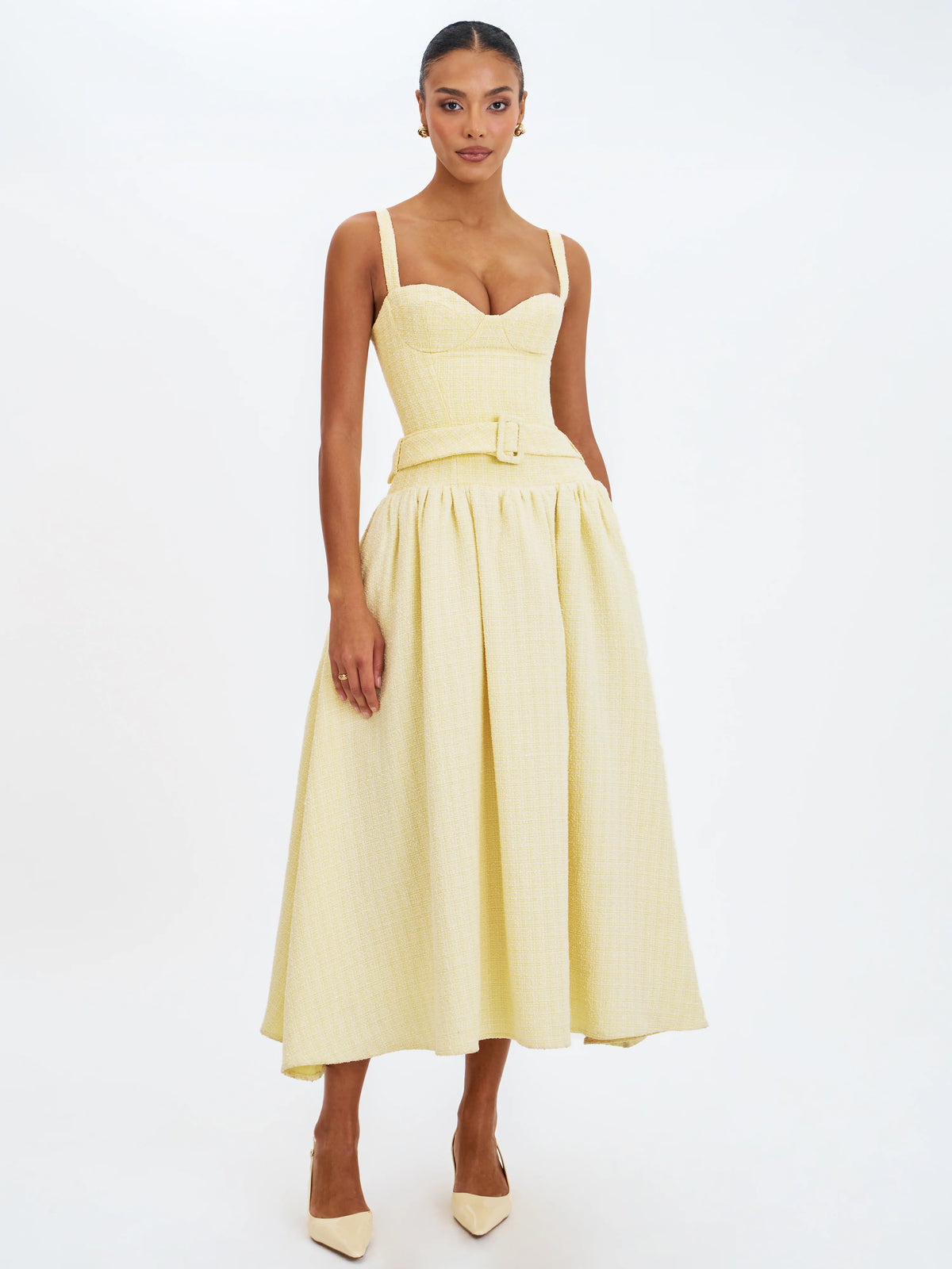 Tiana Butter Yellow Sweetheart Belted Midi Dress
