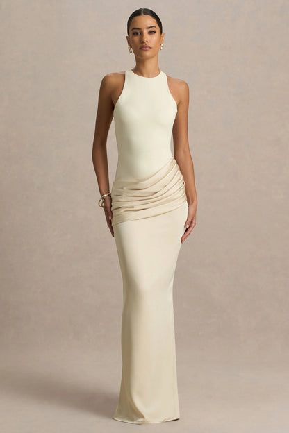 Akari Cream Crew Neck Maxi Dress With Satin Skirt