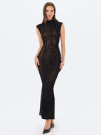 Tyanna Black Burnout Velvet Mesh Backless Mermaid Maxi Dress