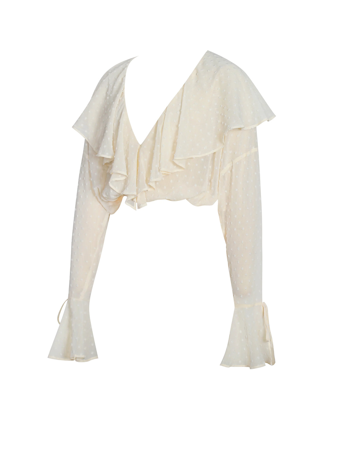 Magali Beige Dotted Mesh Ruffle V Collar Top