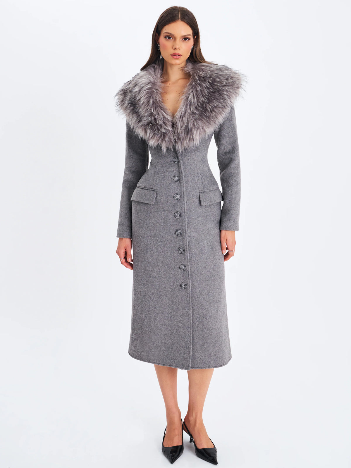 Faye Grey Wool Blend Single Breasted Coat with Removable Faux Fur Collar